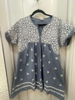 Blue Embroidered Casual Dress with White Floral Motif